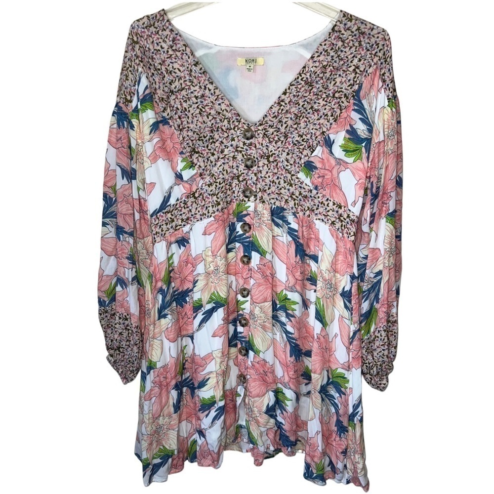 Kori American Patchwork Floral Cottagecore button down Lined Mini Dress Size Med